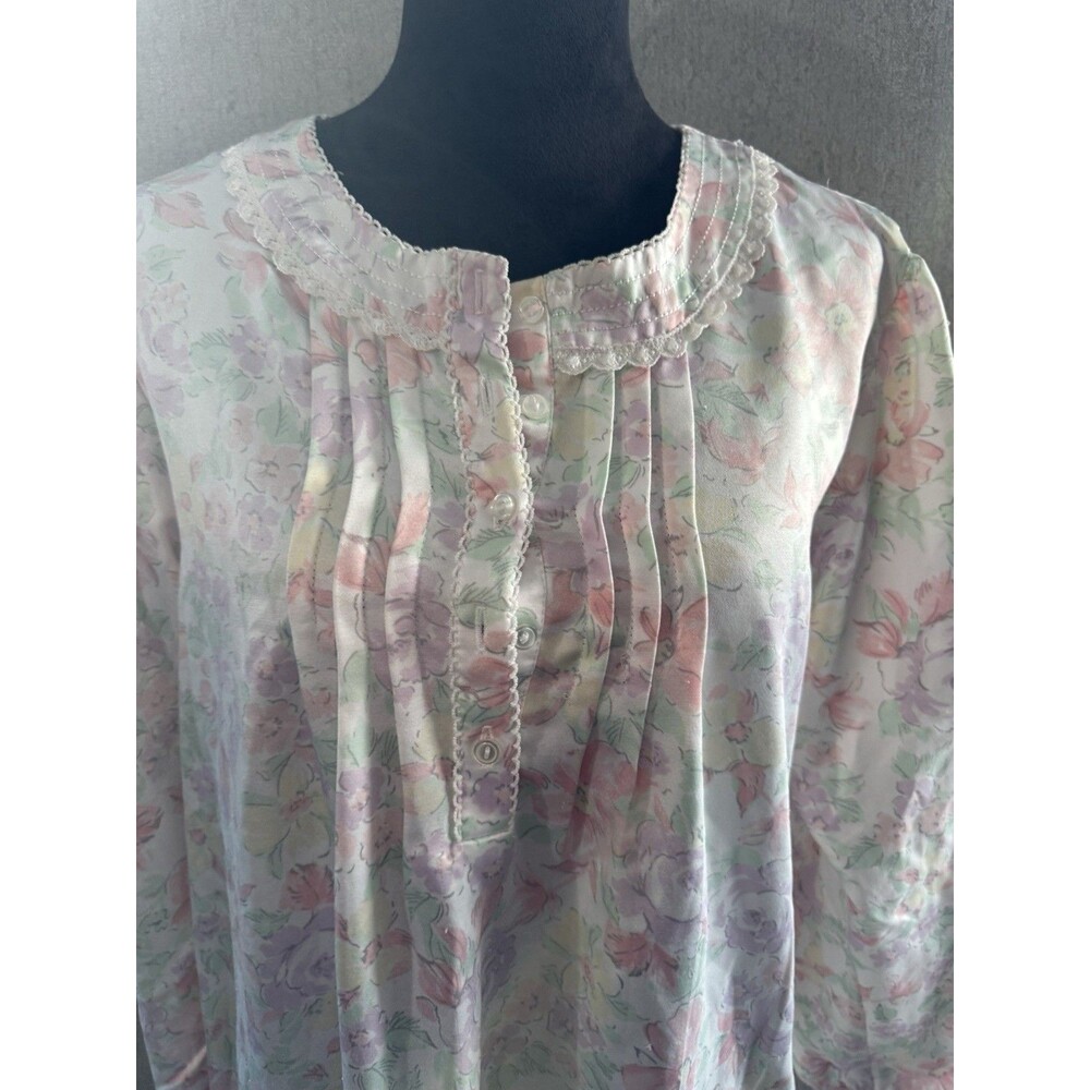 Vtg Miss Elaine Floral Nightgown Large Pintuck Lace Long Sleeve Cottagecore Gown